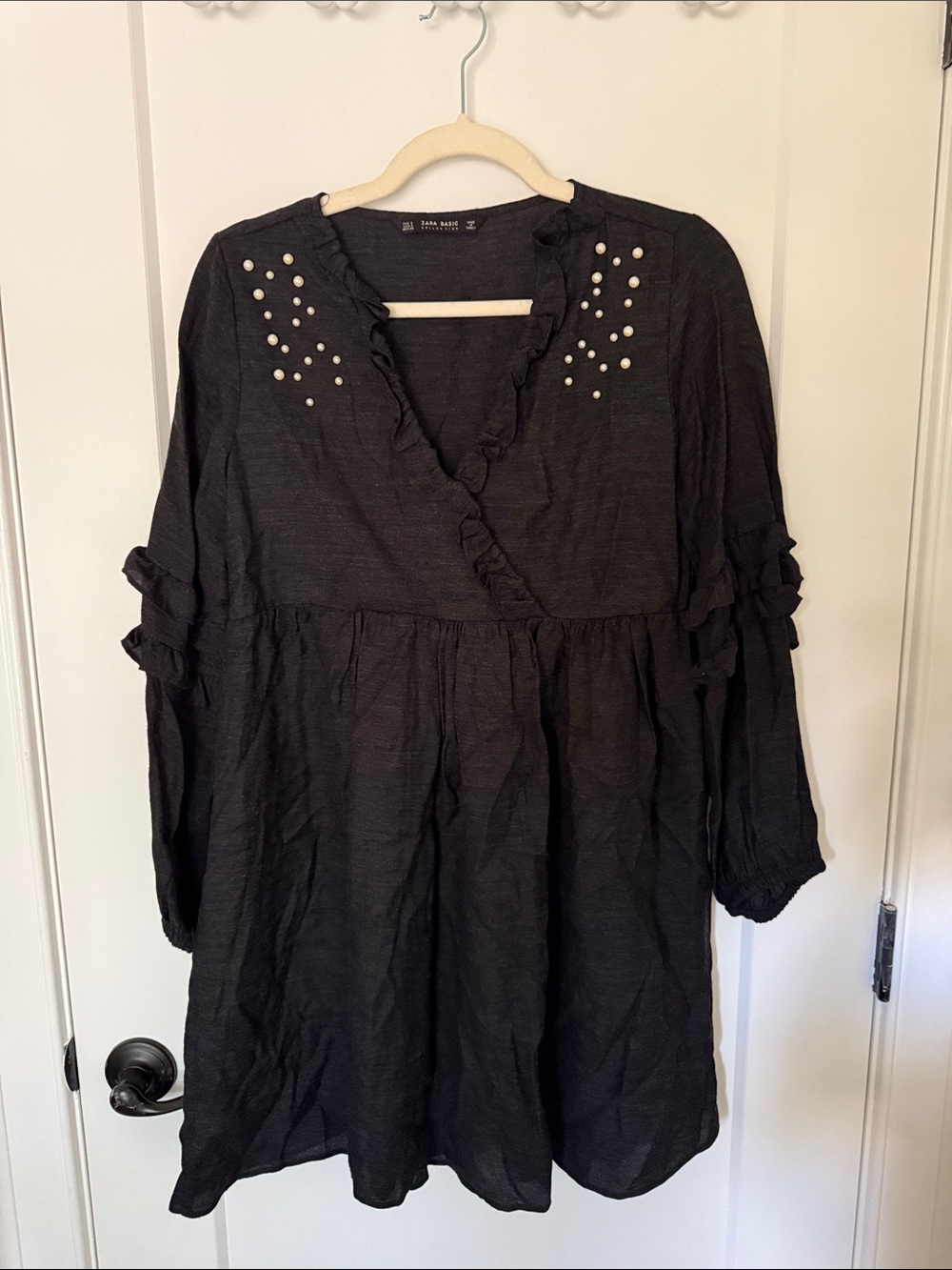 Zara Dark Grey Babydoll Dress with Pearl Stud Accents